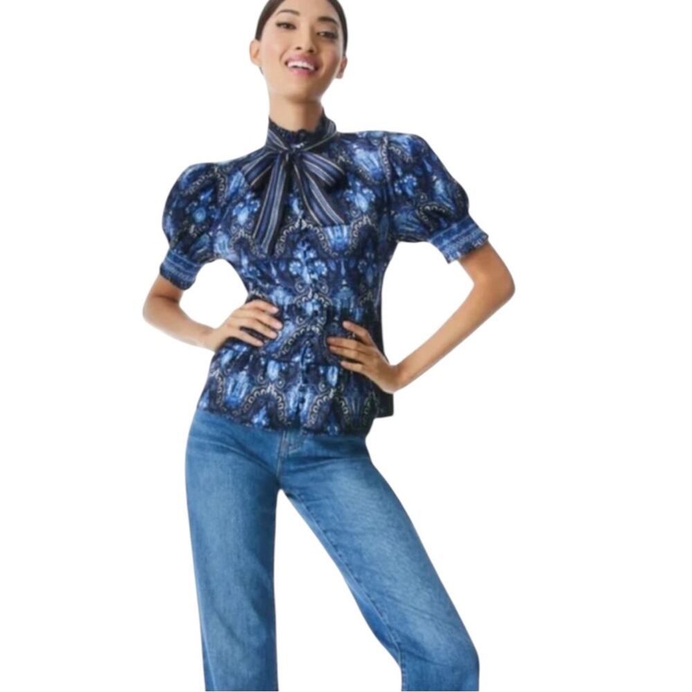 Alice + Olivia Navy and Black Paisley Bow Neck Puff Sleeve Blouse
